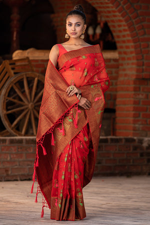 Crimson Red Organza Saree