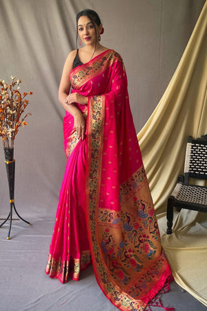 Hot Pink Paithani Saree With Blouse Piece