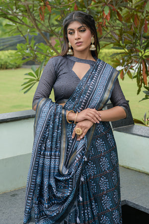 Denim Blue Cotton Saree