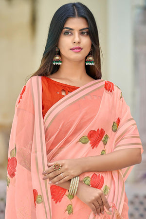 Peach Pink Organza Saree