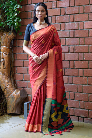 Red And Blue Raw Silk Saree
