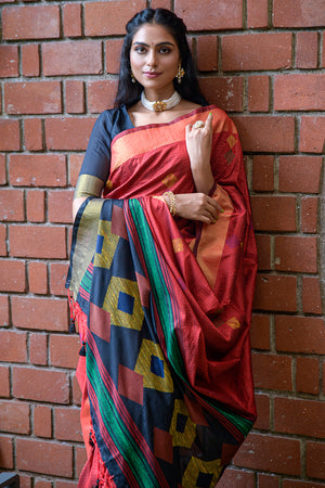 Red And Blue Raw Silk Saree