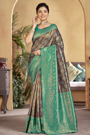 Brown And Green Banarasi Saree