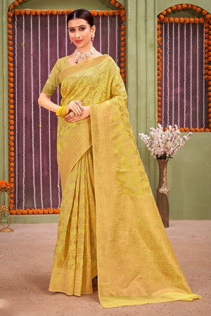 Lemon Yellow Linen Blend Saree