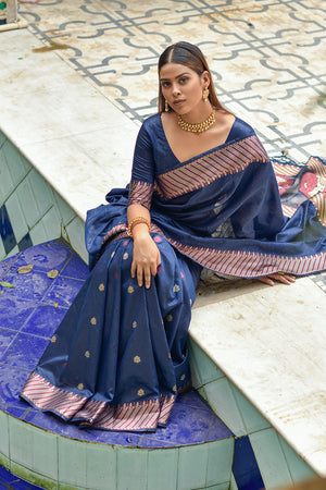 Navy Blue Cotton Silk Saree