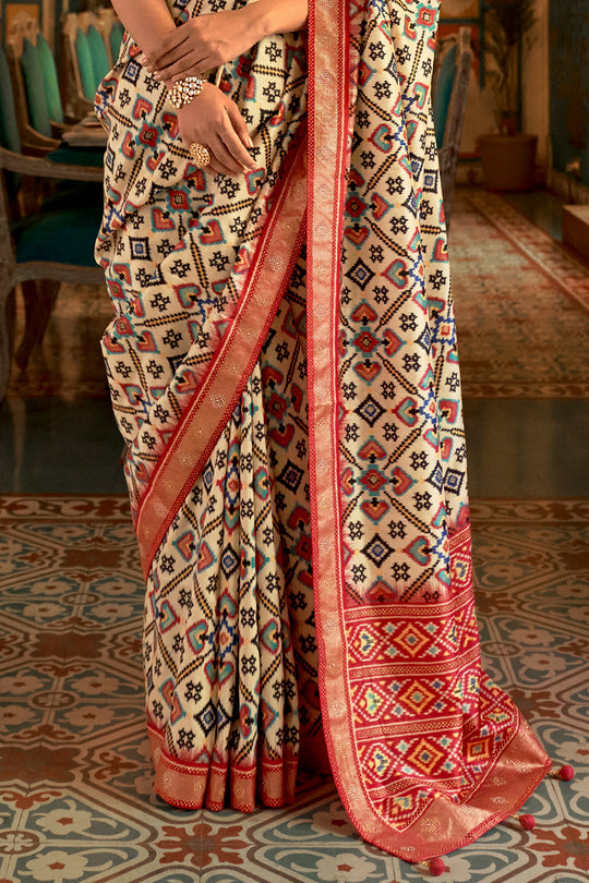 Beige And Orange Patola Saree Patola Saree Design