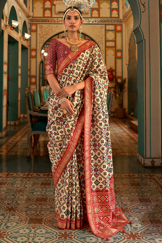 Beige And Orange Patola Saree Patola Saree