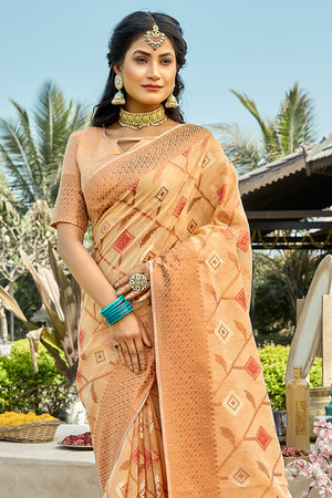 Cantaloupe Peach Cotton Saree