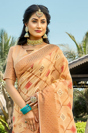 Cantaloupe Peach Cotton Saree