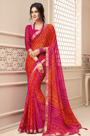 Pink And Orange Chiffon Saree
