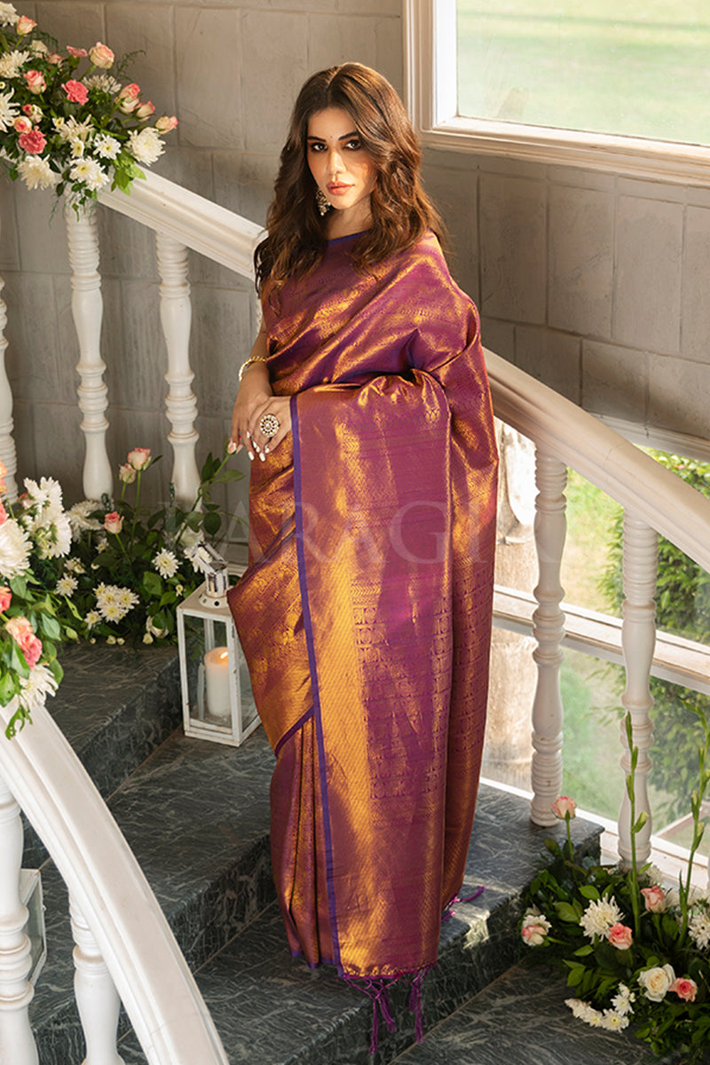 Buy the amazing Wine Purple Woven Kanjivaram Saree Karagiri