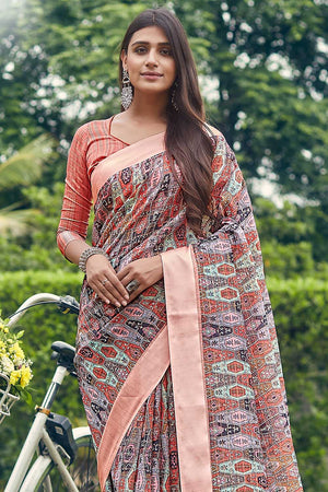Salmon Pink Linen Blend Saree