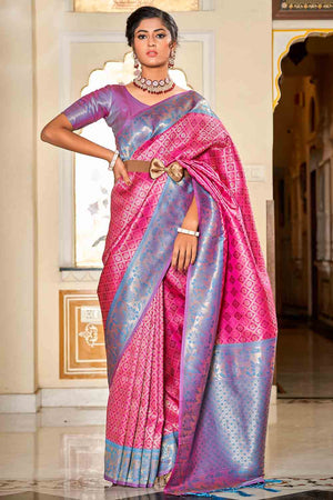Pink And Blue Banarasi Saree