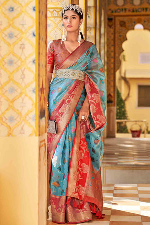 Blue And Red Banarasi Saree