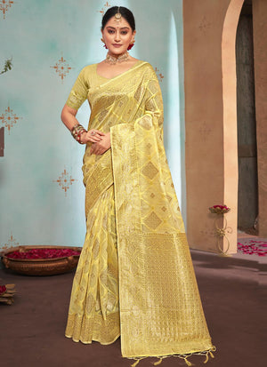 Lemon Yellow Organza Saree