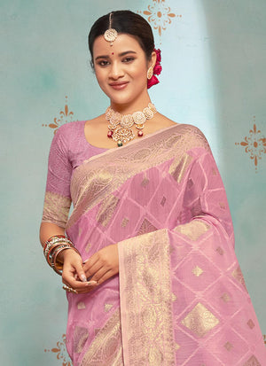 Flamingo Pink Organza Saree