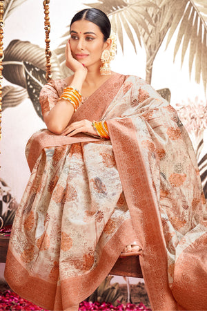 Cream Beige Silk Digital Print Saree