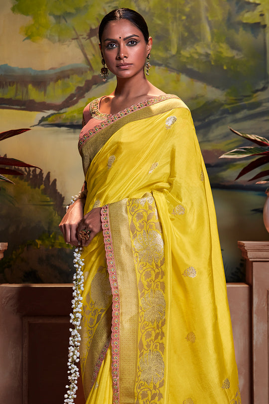 Lemon Yellow Dola Silk Saree Lemon Yellow Dola Silk Saree