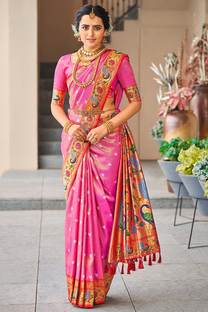 Bubblegum Pink Paithani Silk Saree