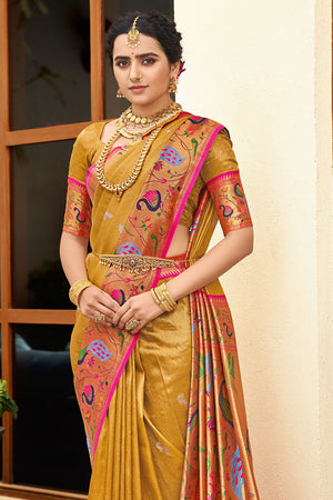 Mustard Yellow Paithani Silk Saree