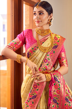 Buttermilk Beige Paithani Silk Saree