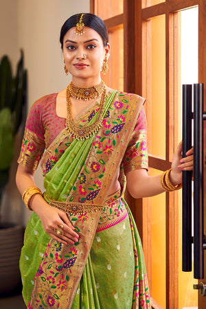 Slime Green Paithani Silk Saree