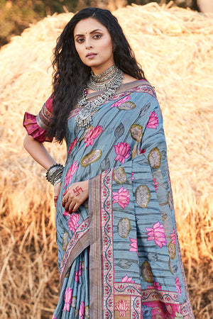 Baby Blue Kalamkari Saree