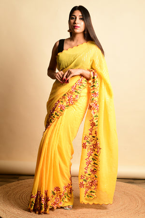 yellow georgette saree