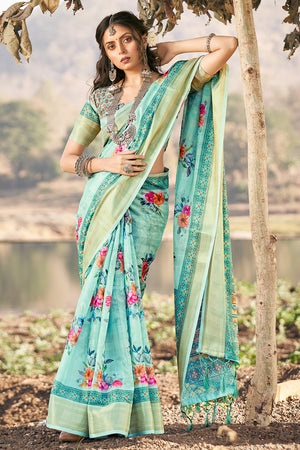 Powder Blue Cotton Saree