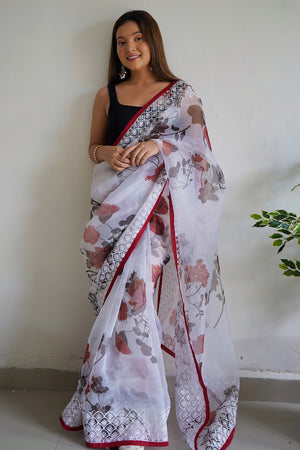 Pink And White Organza Saree