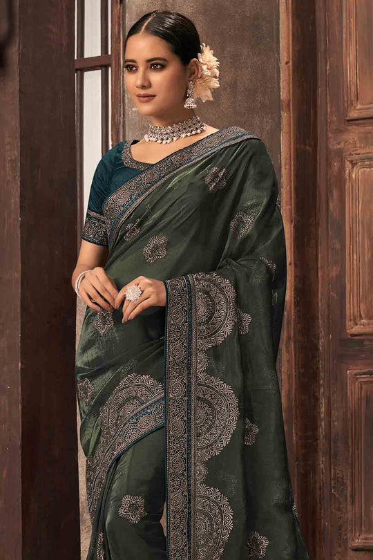 Olive Green Organza Saree Olive Green Organza Saree