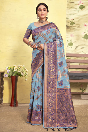 Powder Blue Cotton Saree