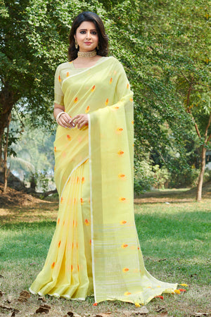 Lemon Yellow Linen Blend Saree