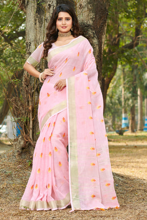 Flamingo Pink Linen Blend Saree