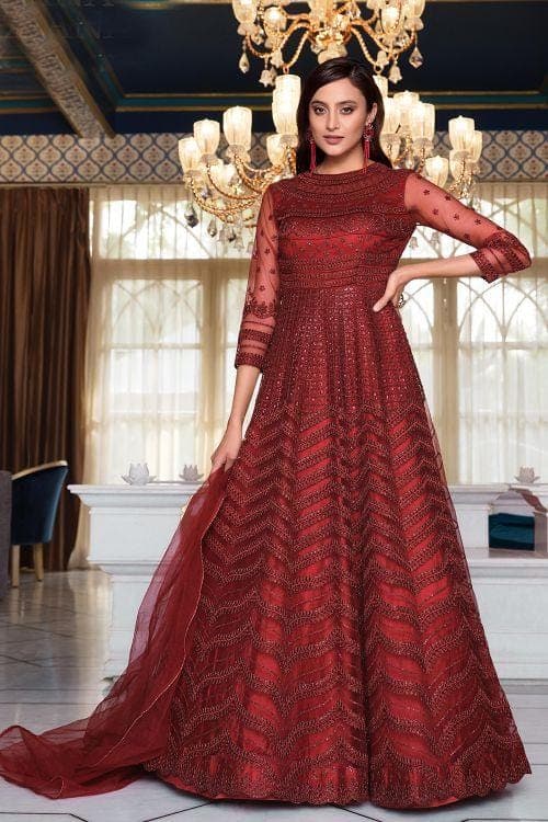 Currant Red Heavy Embroidered Anarkali Dress anarkali suit