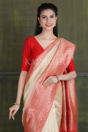 Alabaster Cream Banarasi - Chanderi Saree