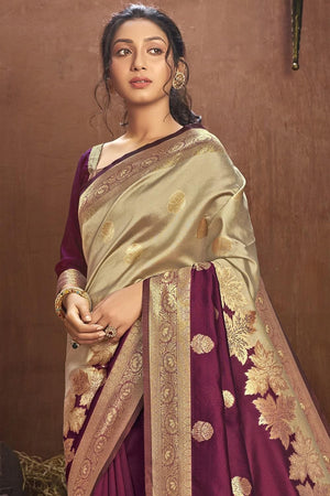 Beige And Purple Banarasi Chanderi Fusion Saree
