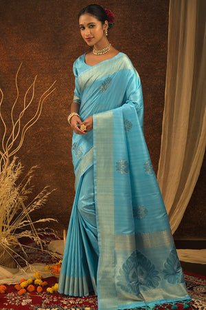 Cyan Blue Banarasi Chanderi Saree