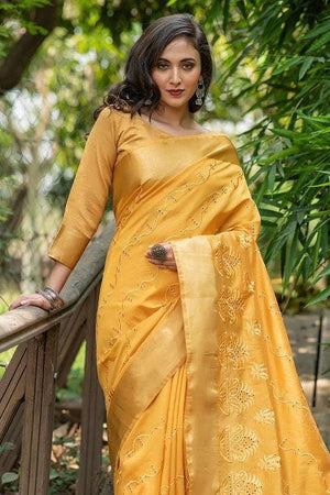 Honey Yellow Banarasi Chanderi Saree
