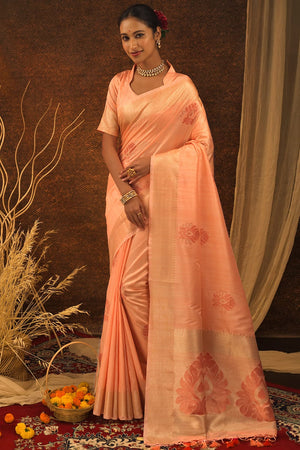 Peach Banarasi Chanderi Saree