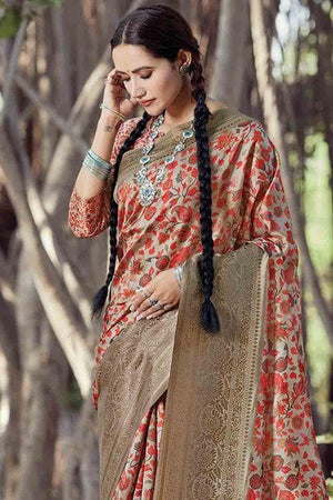 Printed Sand Yellow Banarasi Chanderi Saree