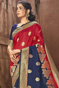 Red And Blue Banarasi Chanderi Fusion Saree red chanderi saree
