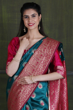 Turkish Blue Banarasi - Chanderi Saree