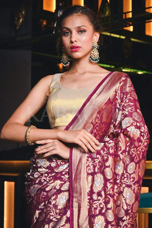 Burgundy Banarasi Khaddi Georgette Saree