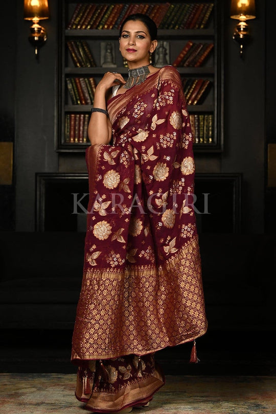 Burgundy Red Khaddi Banarasi Georgette Saree georgette fabric