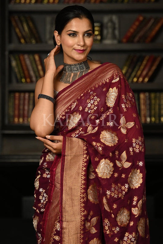 Burgundy Red Khaddi Banarasi Georgette Saree georgette banarasi saree