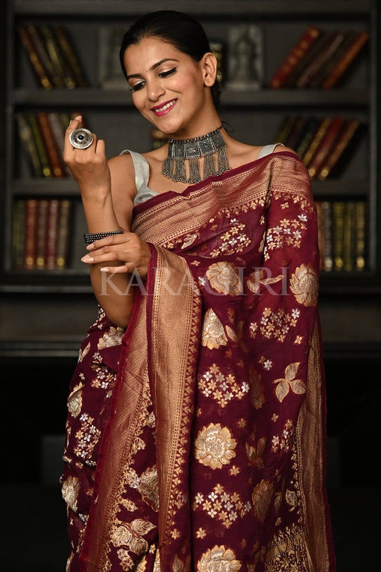 Burgundy Red Khaddi Banarasi Georgette Saree georgette dress