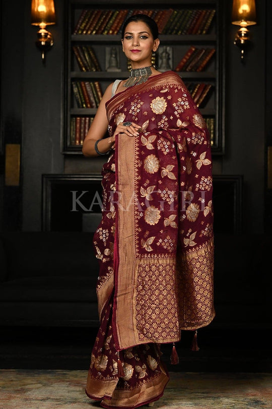 Burgundy Red Khaddi Banarasi Georgette Saree sarees online