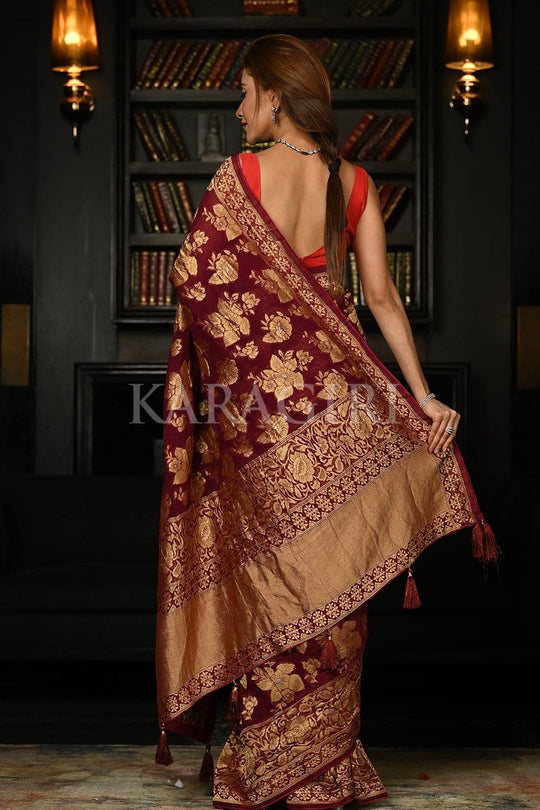 Carmine Red Khaddi Banarasi Georgette Saree banarasi saree