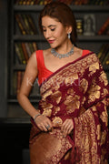 Carmine Red Khaddi Banarasi Georgette Saree georgette